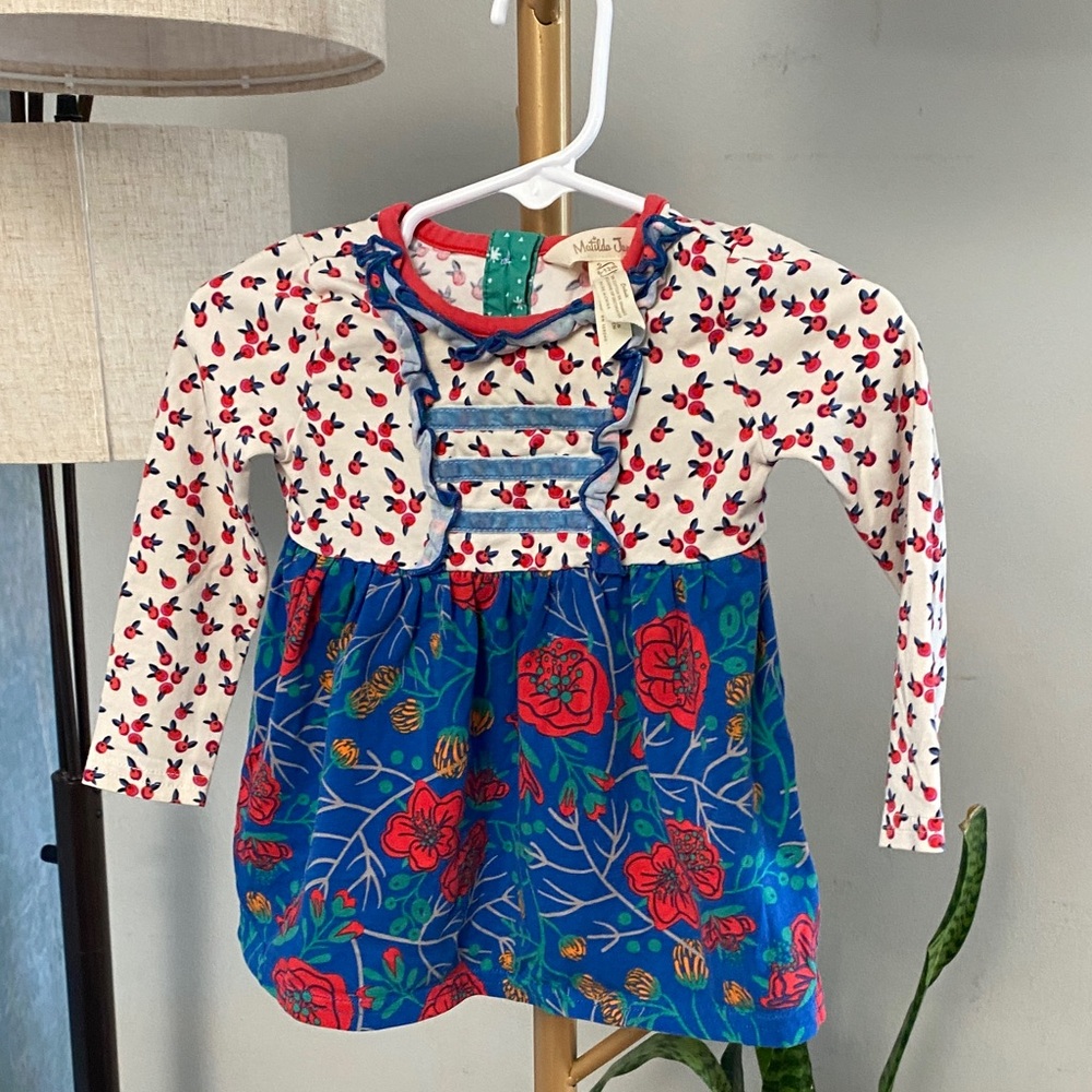 Matilda Jane Red, Blue, White Floral & Cherry Print Dress 6-12 mos